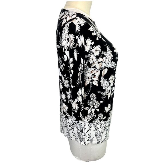 J. Jill - Women's M Tunic Top Stretch Black White Brown Floral Crewneck Petite - Picture 4 of 13